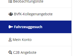 Menüpunkt Fahrzeuggesuch