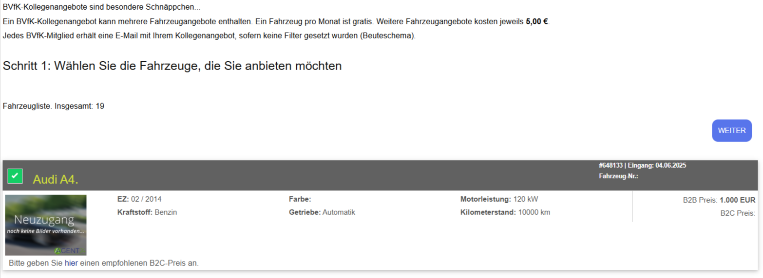 Kollegenangebot - Fahrzeuge auswählen